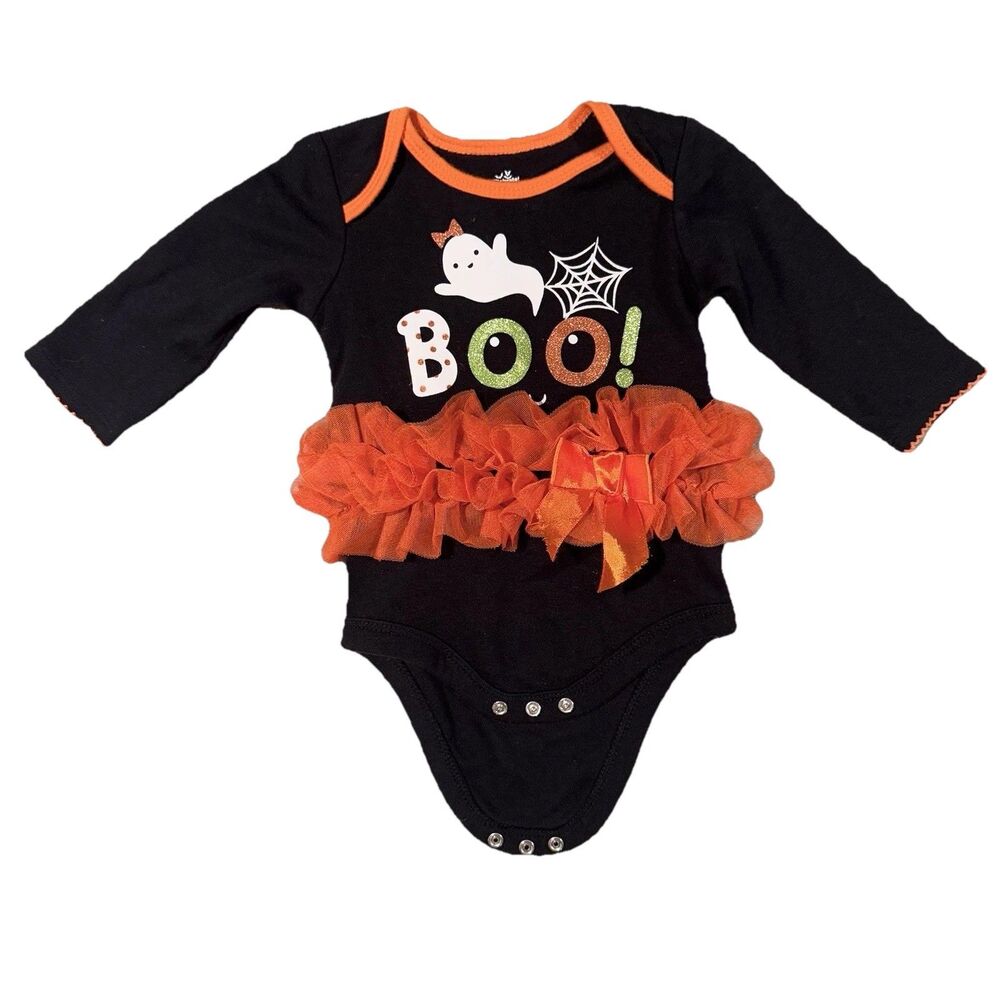 Way To Celebrate Boo Black Ruffle Bow Baby Infant Girl 6-9M Halloween Bodysuit